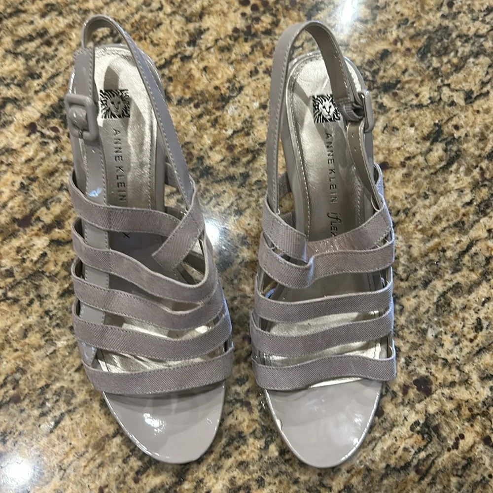 Anne Klein open toe, strap heels, beige/gray, size 10 | offer in description